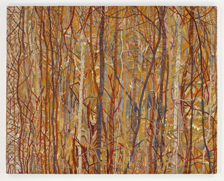 Broderie de fils de soie, coton, chanvre et lin sur soie /Embroidments of threads silk, cotton, hemp and lijnen on silk 180 x 230 cm (70 7/8 x 90 1/2 in.)