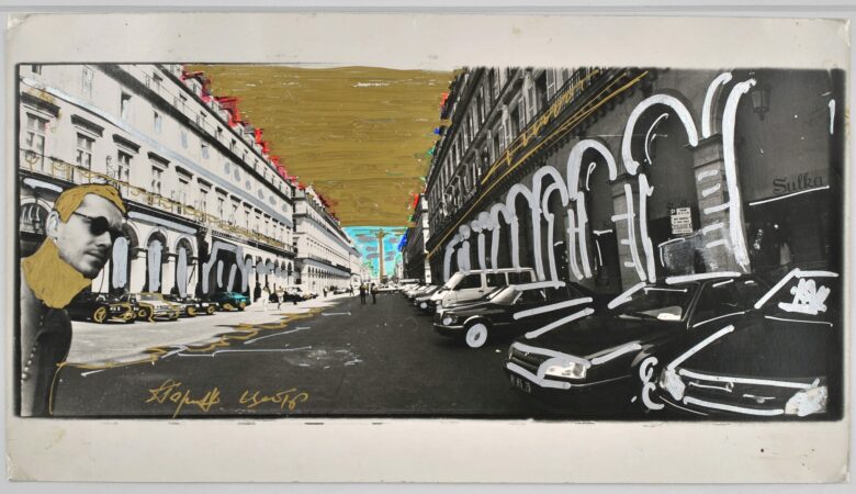 Stylo doré et argenté, gouache / Black and white silver print, gold and silver pen, gouache Pièce unique / Unique piece 17 x 30 cm (6 3/4 x 11 3/4 in.) / 40 x 50 cm (15 3/4 x 19 5/8 in.) encadré / framed