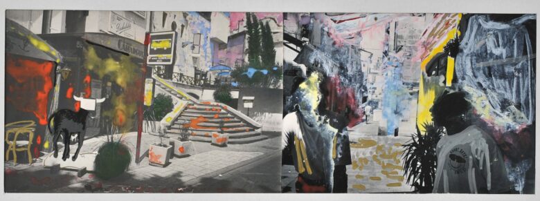 Stylo doré et argenté, gouache / Black and white silver print, gold and silver pen, gouache Pièce unique / Unique piece 17 x 30 cm (6 3/4 x 11 3/4 in.) / 40 x 50 cm (15 3/4 x 19 5/8 in.) encadré / framed