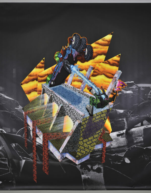 Acrylique sur bâches et patches / Acrylic on tarpaulin and patches 150 x 190 cm (59 x 74 3/4 in.) Photo : Rebecca Fanuele