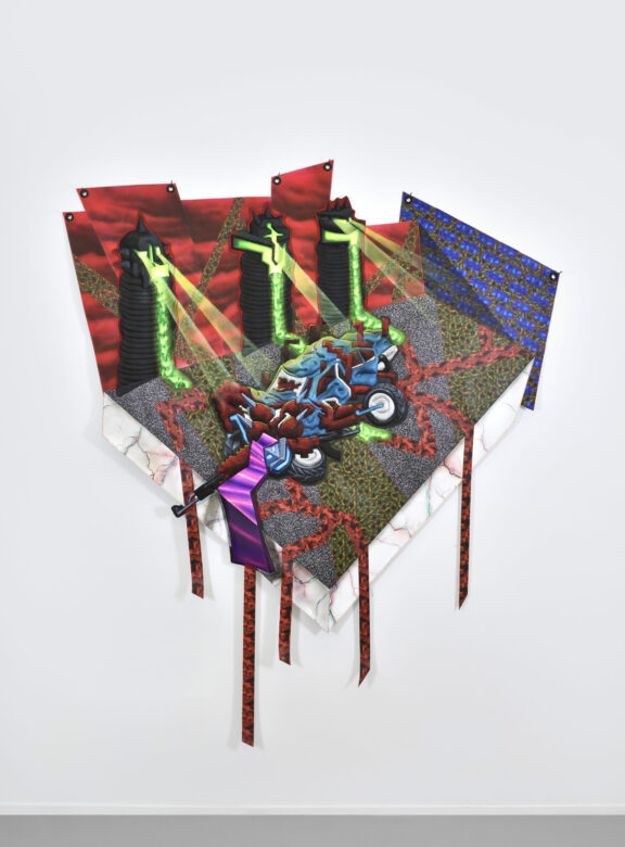 Acrylique sur bâches et patches / Acrylic on tarpaulin and patches 145 x 150 cm (57 1/8 x 59 in.) Photo : Rebecca Fanuele