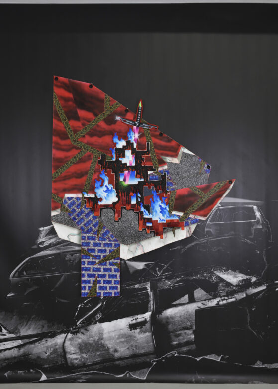 Acrylique sur bâches et patches / Acrylic on tarpaulin and patches 135 x 135 cm (53 1/8 x 53 1/8 in.) Photo : Rebecca Fanuele