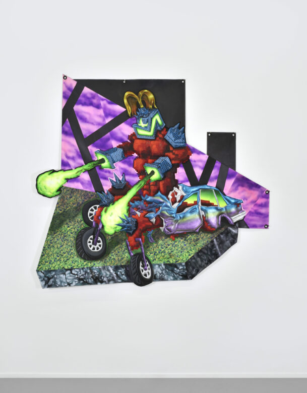 Acrylique sur bâches et patches / Acrylic on tarpaulin and patches 145 x 160 cm (57 1/8 x 63 in.) Photo : Rebecca Fanuele