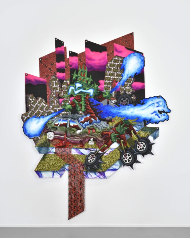 Acrylique sur bâches et patches / Acrylic on tarpaulin and patches 175 x 170 cm (68 7/8 x 66 7/8 in.) Photo : Rebecca Fanuele