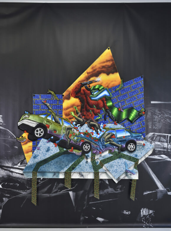 Acrylique sur bâches et patches / Acrylic on tarpaulin and patches 177 x 185 cm (69 5/8 x 72 7/8 in.) Photo : Rebecca Fanuele