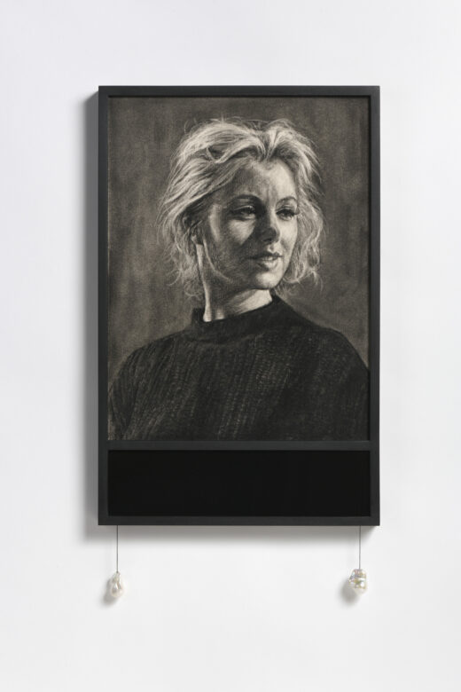 Fusain sur papier, perles baroques, chaine, verre-miroir / Charcoal on paper, Baroque Flame pearls, chain, mirrored glass 53 x 29 x 3 cm (20 7/8 x 11 3/8 x 1 1/8 in.)