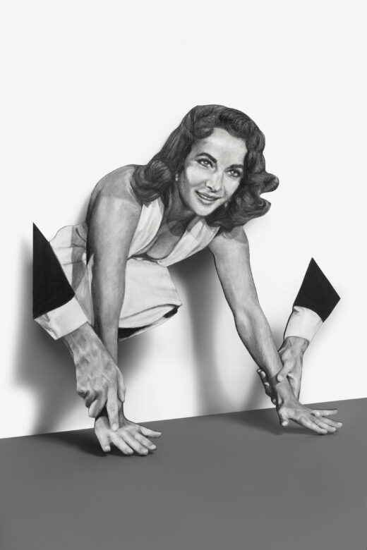 Crayon et graphite sur papier, carton alvéolé / Pencil and graphite on paper, foamex and black wooden display shelf 98 x 90 x 22 cm (38 5/8 x 35 3/8 x 8 5/8 in.)