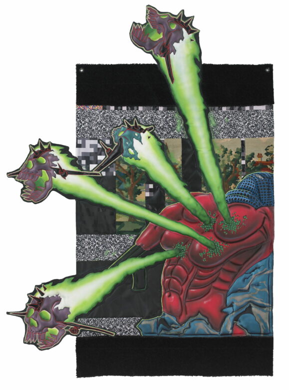 Acrylique sur patches, bâches et tapisseries chinées / Acrylic on patches, tarpaulins and secondhand tapestries 185 x 185 cm (72 7/8 x 72 7/8 in.)