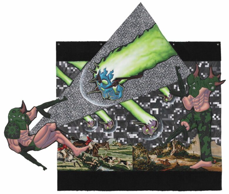 Acrylique sur patches, bâches et tapisseries chinées / Acrylic on patches, tarpaulins and secondhand tapestries 152 x 134 cm (59 7/8 x 52 3/4 in.)