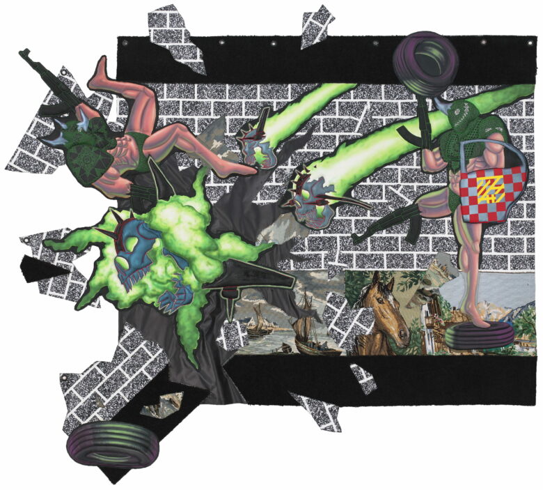 Acrylique sur patches, bâches et tapisseries chinées / Acrylic on patches, tarpaulins and secondhand tapestries 195 x 240 cm (76 3/4 x 94 1/2 in.)