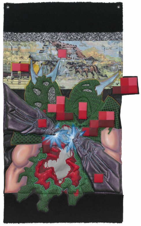 Acrylique sur patches, bâches et tapisseries chinées / Acrylic on patches, tarpaulins and secondhand tapestries 152 x 87 cm (59 7/8 x 34 1/4 in.)