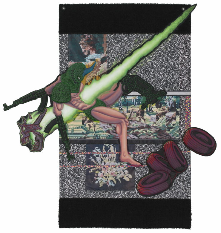 Acrylique sur patches, bâches et tapisseries chinées / Acrylic on patches, tarpaulins and secondhand tapestries 152 x 134 cm (59 7/8 x 52 3/4 in.)