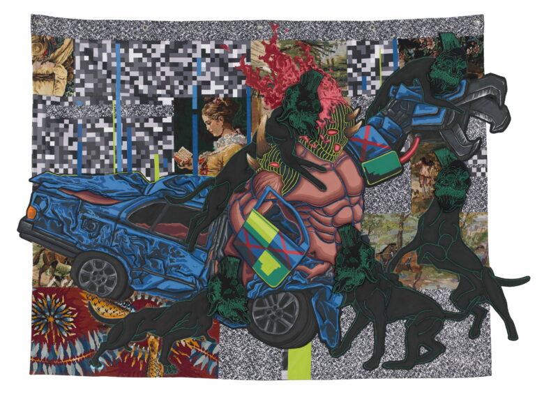 Acrylique sur patches, bâches, et tapisseries chinées / Acrylic on patches, tarpaulins and secondhand tapestries 160 x 190 cm (63 x 74 3/4 in.)