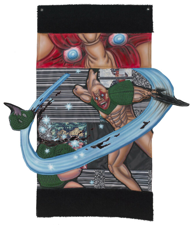 Acrylique sur patches, bâches et tapisseries chinées / Acrylic on patches, tarpaulins and secondhand tapestries 152 x 140 cm (59 7/8 x 55 1/8 in.)