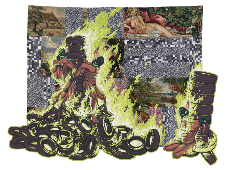 Acrylique sur patches, bâches, et tapisseries chinées / Acrylic on patches, tarpaulins and secondhand tapestries 160 x 190 cm (63 x 74 3/4 in.)