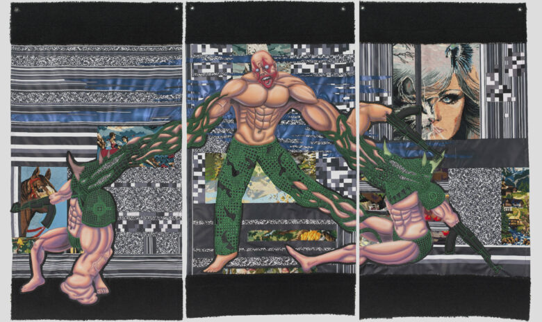 Acrylique sur patches, bâches et tapisseries chinées / Acrylic on patches, tarpaulins and secondhand tapestries 152 x 246 cm (59 7/8 x 96 7/8 in.)