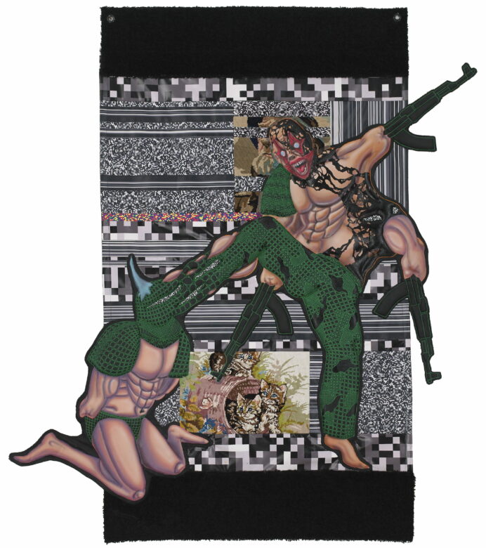 Acrylique sur patches, bâches et tapisseries chinées / Acrylic on patches, tarpaulins and secondhand tapestries 152 x 146 cm (59 7/8 x 57 1/2 in.)