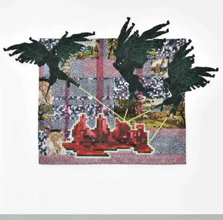 Acrylique sur patches, bâches, et tapisseries chinées / Acrylic on patches, tarpaulins and secondhand tapestries 160 x 190 cm (63 x 74 3/4 in.)