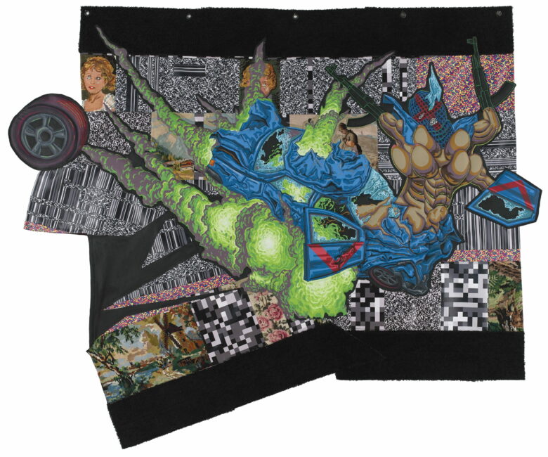 Acrylique sur patches, bâches et tapisseries chinées / Acrylic on patches, tarpaulins and secondhand tapestries 150 x 180 cm (59 x 70 7/8 in.)