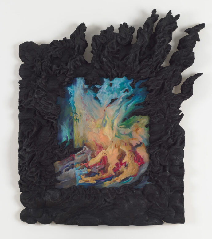 Pastel gras sur papier et bois brûlé / Oil pastel on paper and burnt wood 110 x 100 cm (43 1/4 x 39 3/8 in.)