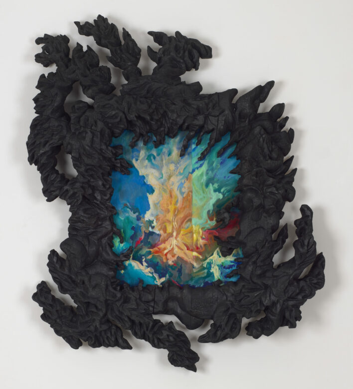 Pastel gras sur papier et bois brûlé / Oil pastel on paper and burnt wood 130 x 104 cm (51 1/8 x 41 in.)