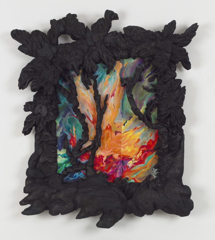 Pastel gras sur papier et bois brûlé / Oil pastel on paper and burnt wood 110 x 86 cm (43 1/4 x 33 7/8 in.)