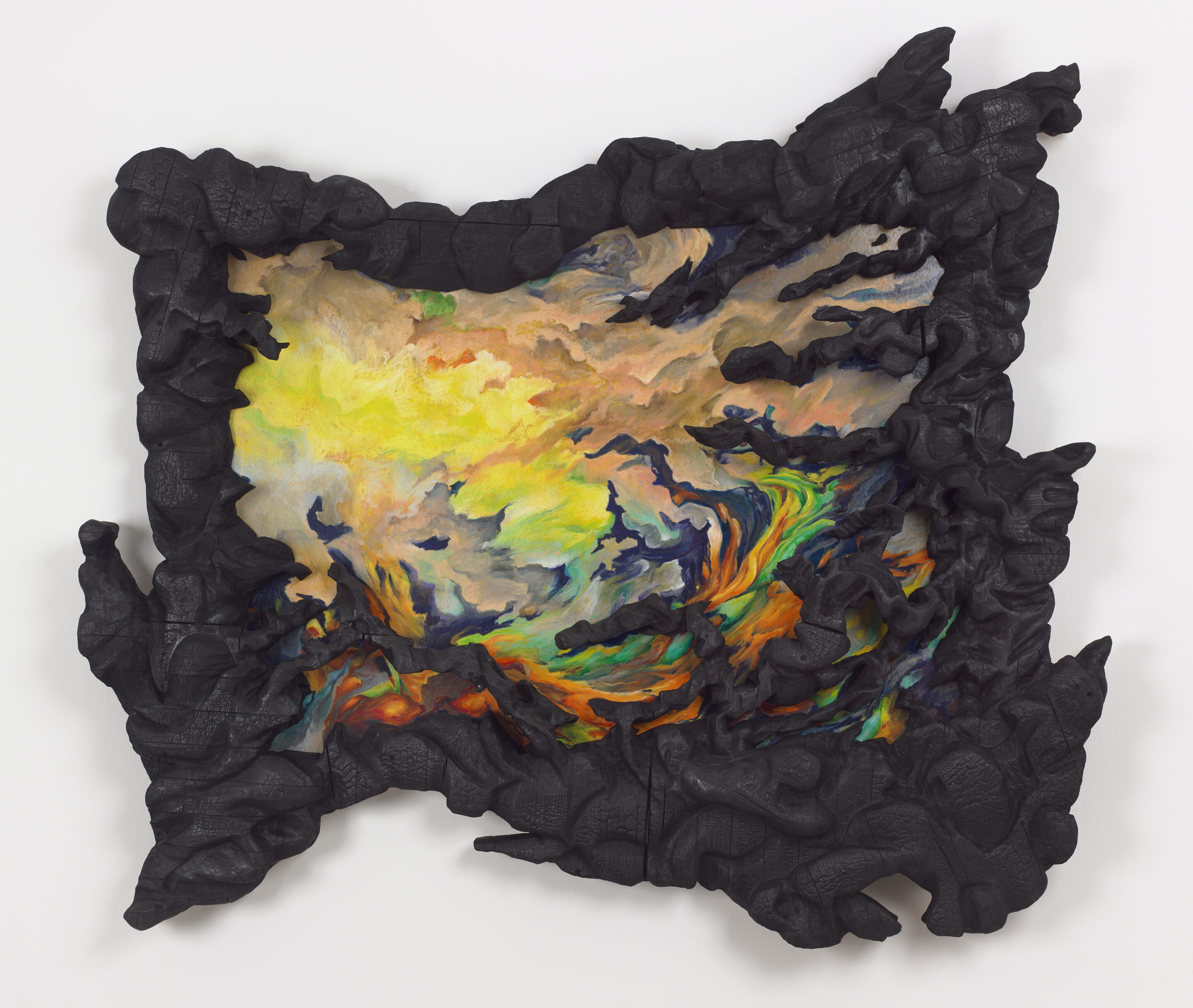 Pastel gras sur papier et bois brûlé / Oil pastel on paper and burnt wood, 140 x 135 cm (55 1/8 x 53 1/8 in.)