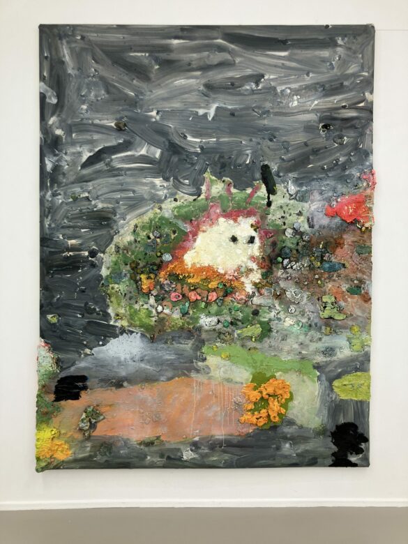 Huile, cendres, peinture en spray et collage sur toile / Oil, ashes, spray paint and collage on canvas 205 x 155 cm (80 3/4 x 61 in.)